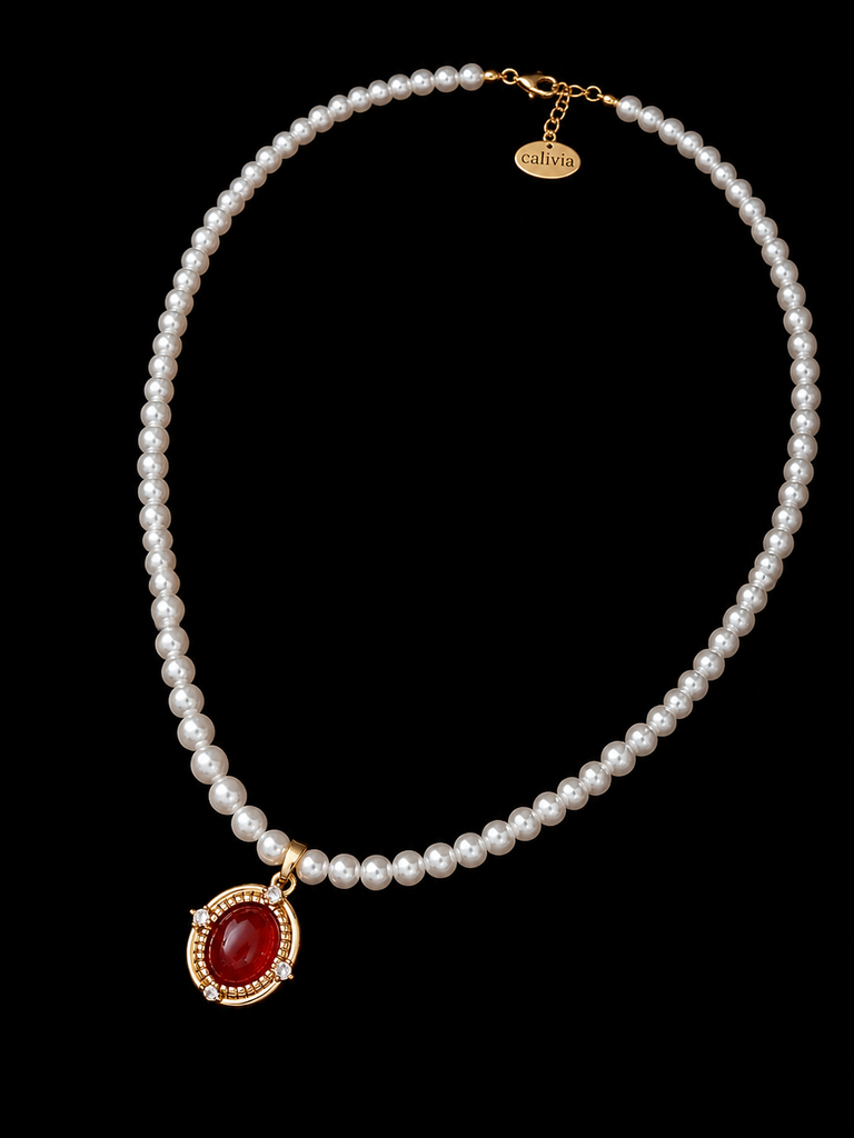 Ruby Pearl Oval Elegance Necklace
